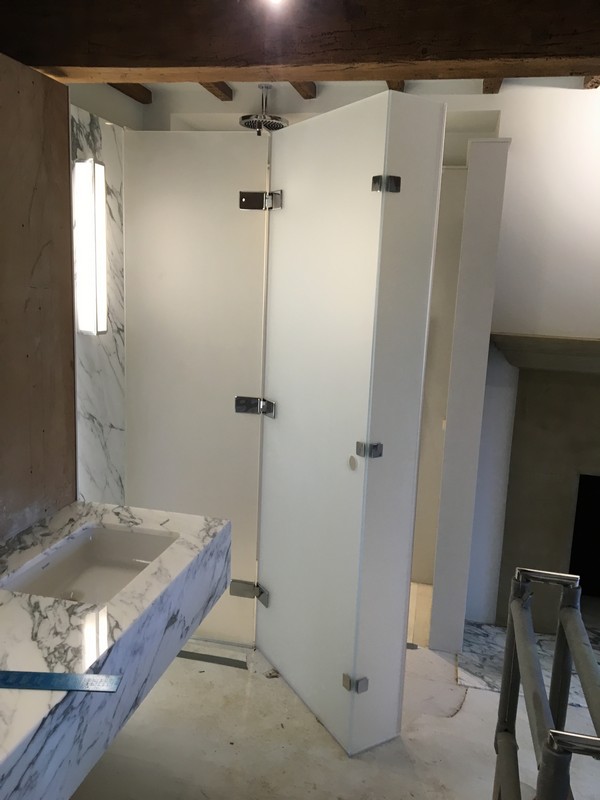 Bespoke frosted glass shower enclosure in Banstead luxury bathroom